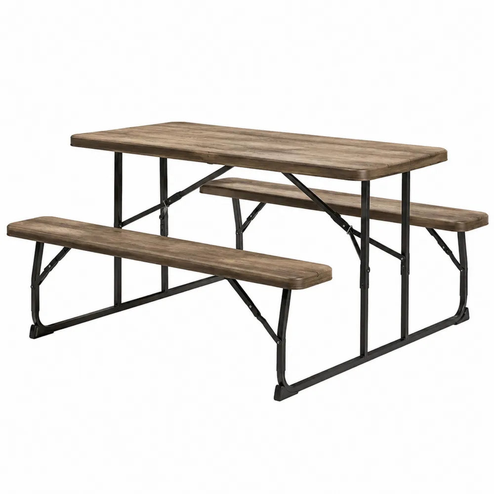 Stół ogrodowy prostokątny metalowy z siedziskami z tworzywa drewnopodobnego 180x70x75 cm brązowy