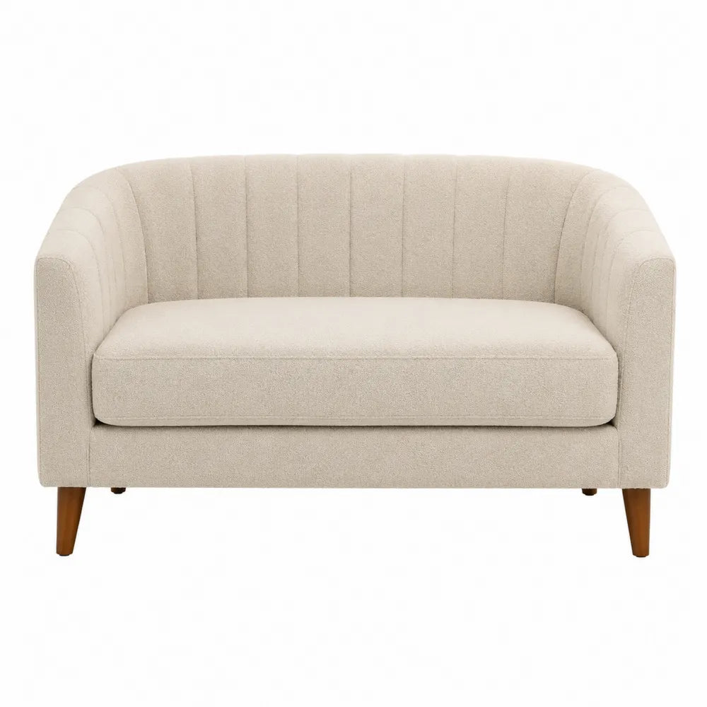 Dwuosobowa sofa z tkaniny poliestrowej, beżowa z bukowymi nogami