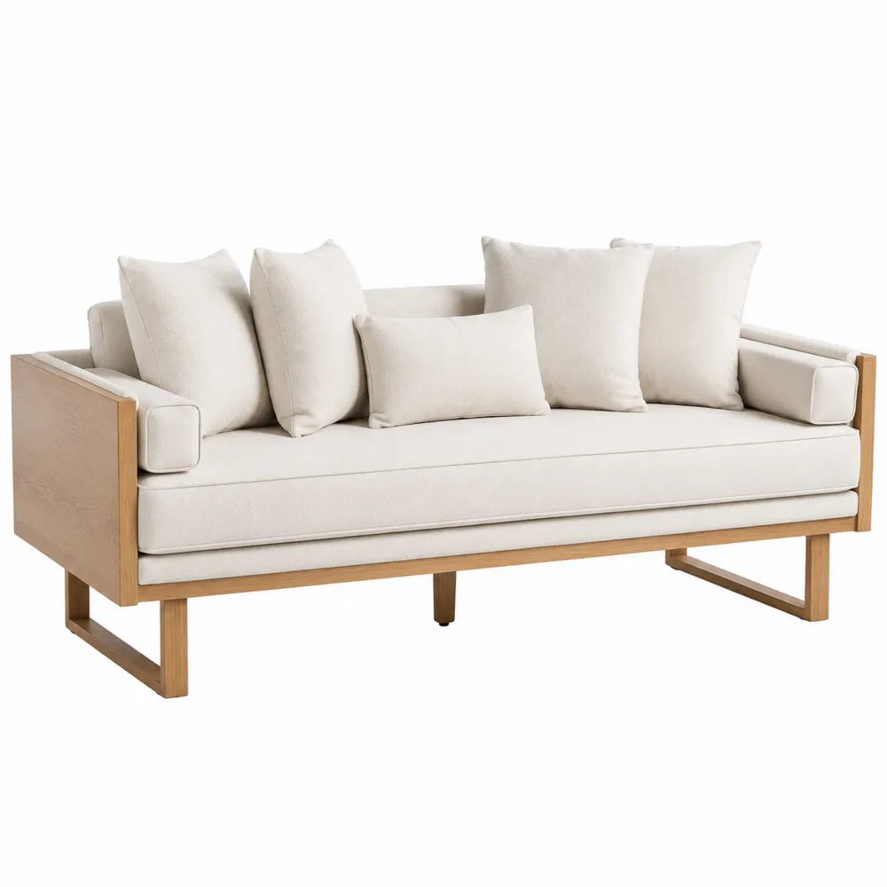 Sofa z drewna dębowego i tkaniny kremowej, 200 cm