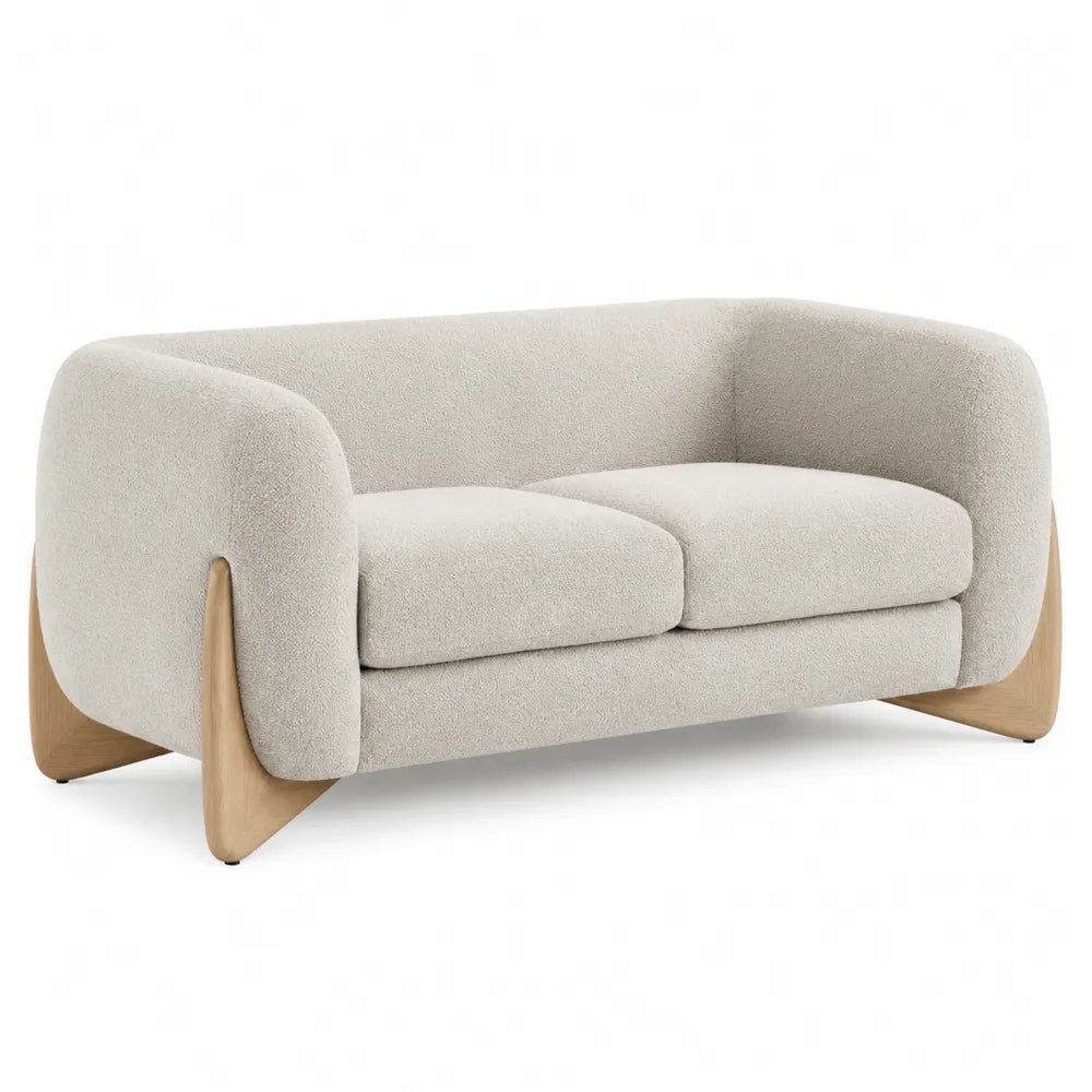 Sofa dwuosobowa tapicerowana beżowa drewniane nogi 150cm