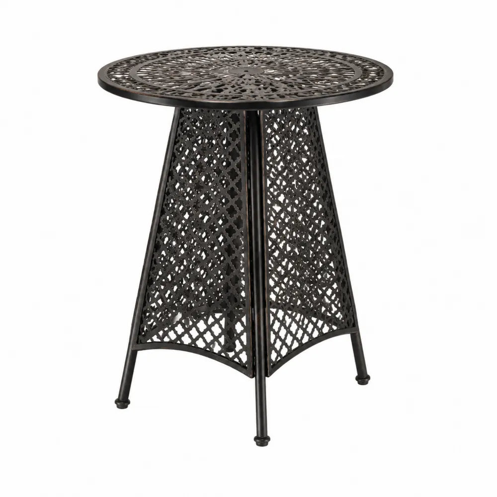 Ażurowy czarny stół aluminiowy, wysokość 70 cm, średnica 60 cm
