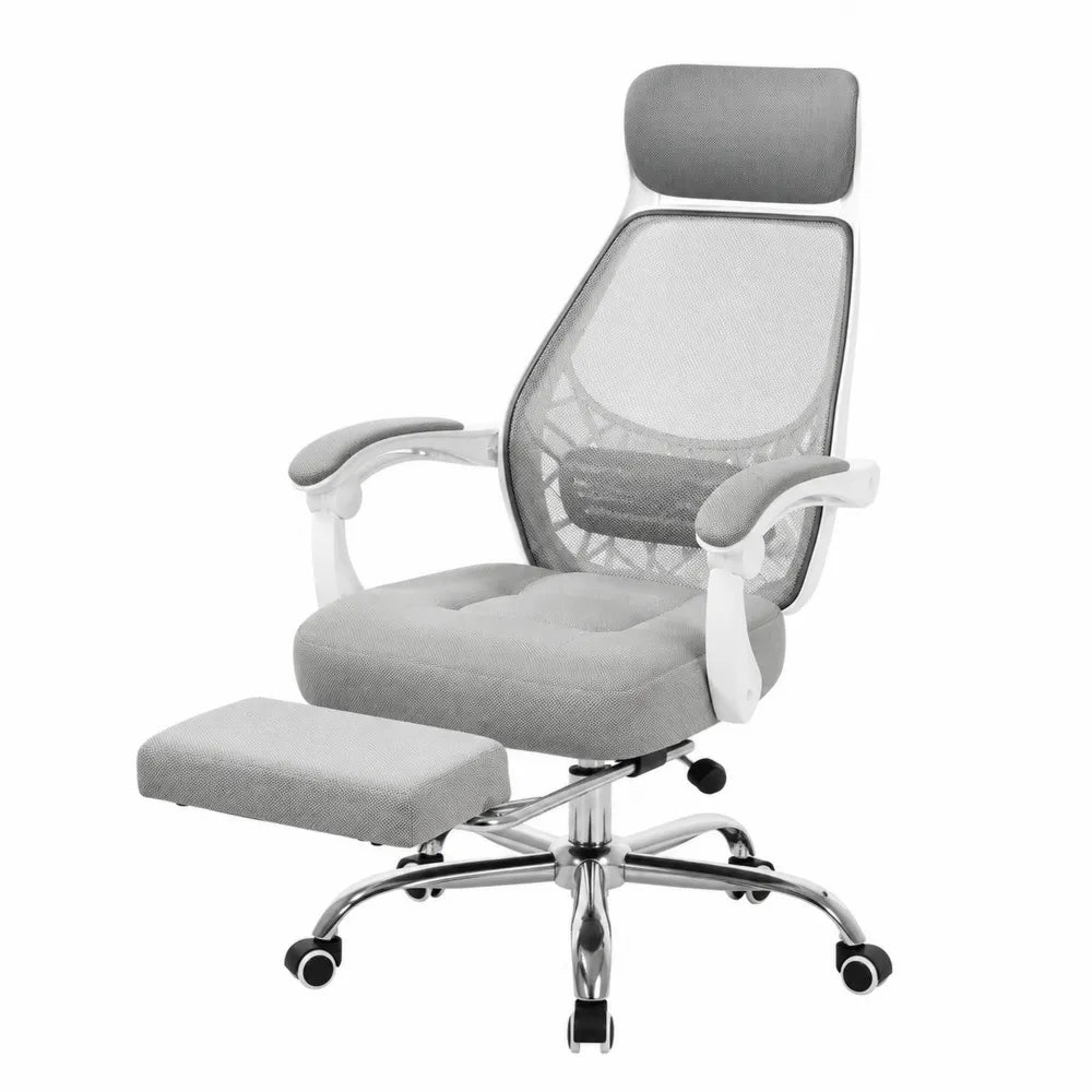 Krzesło biurowe ergonomiczne z podnóżkiem, stal i siatka nylonowa, szare