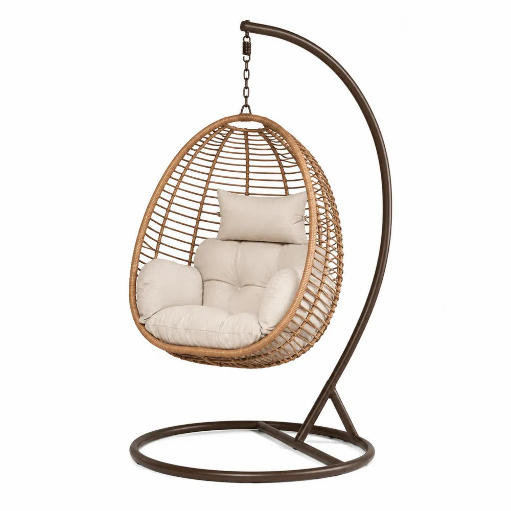 Fotel wiszący rattanowy z poduszkami beżowy 120x105x195 cm