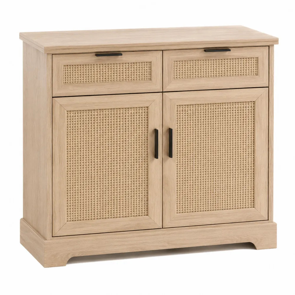 Drewniana szafka z rattanem, beżowa 80 cm